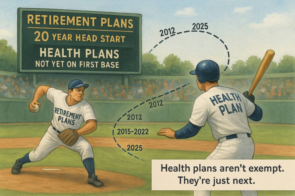 What Health Plans Haven’t Yet Learned from 401(k)s Same law. Same risks. Bigger blind spots. Executive Brief The fiduciary failures we fixed in retirement plans are repeating in healthcare—with higher stakes. Retirement plan litigation forced a generation of fiduciaries to raise their game. They now operate with charters, processes, and accountability. Meanwhile, health plans—with far larger dollar flows—are still run with crossed fingers and handshake deals. This issue explores the...