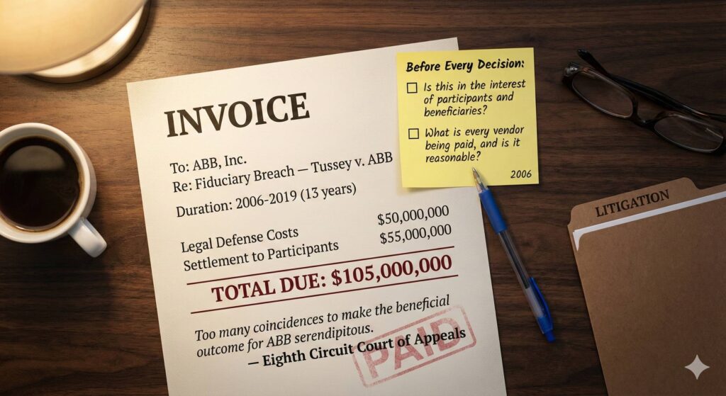 13 Years as a Defendant How One Recommendation Led To A $105 Million Lesson Executive Brief Thirteen years is a long time to be a defendant. In December 2006, John W. Cutler, Jr. was doing his job. As Director of Pension and Thrift Management at ABB, Inc., he staffed the Pension Review Committee and made recommendations about the company's 401(k) plans. One of those recommendations was to replace the Vanguard Wellington Fund with Fidelity Freedom Funds. That recommendation made him a...