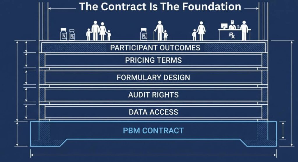 Your Contract Is the Foundation Your Benefits Are Built On It Executive Brief Most employers signed whatever contract was put in front of them. They don't know what good looks like because no one ever gave them a benchmark. PBMs don't make comparisons easy. The PBM contract is the foundation your benefits stand on. What it allows, your plan can do. What it forbids, your people live with. Everything downstream, whether costs, formulary, or friction at the pharmacy counter, sits on top of that...