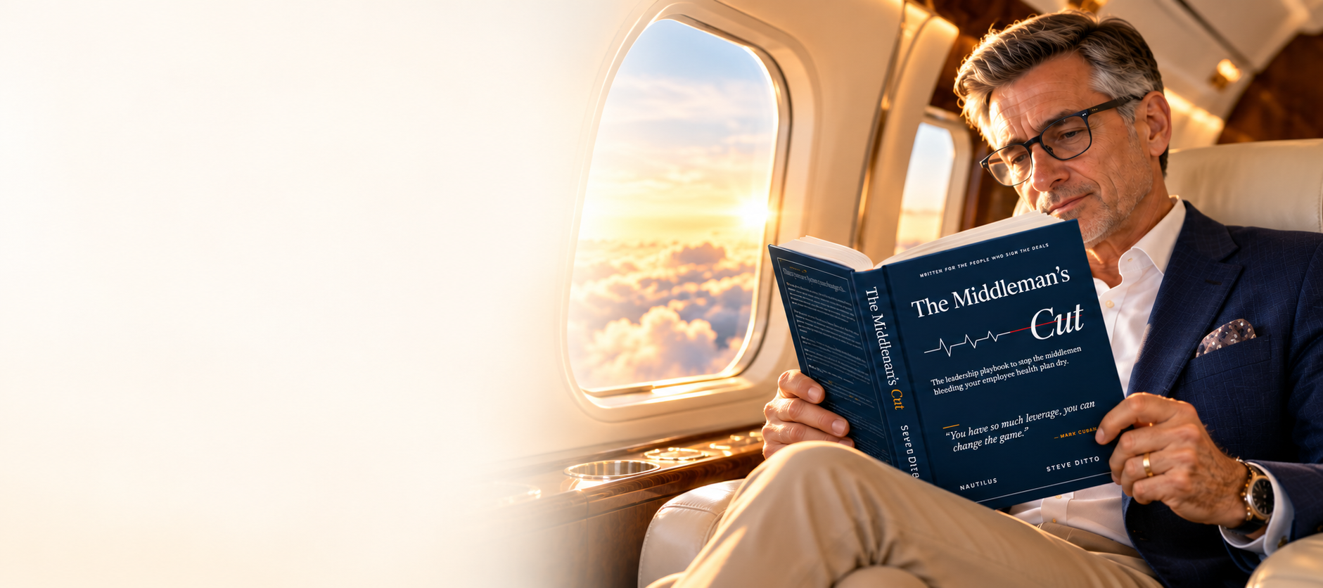 Executive reading The Middleman's Cut while traveling